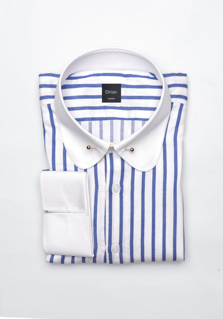 Navy Wide Stripes Soft Textured Pima Cotton Shirt - Club Pin Collar