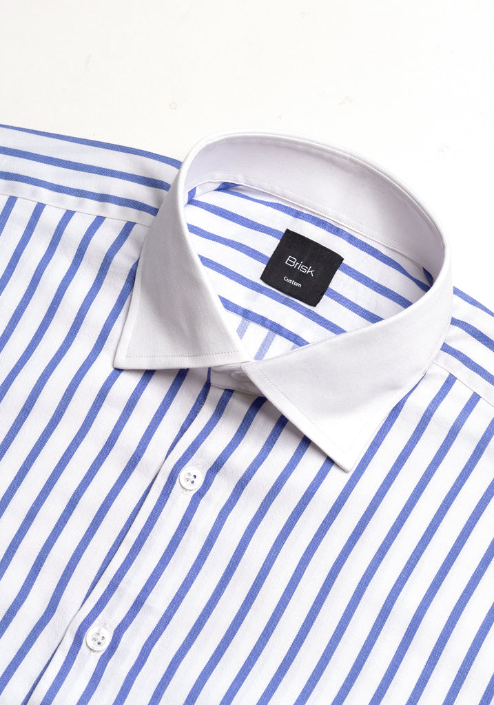 Navy Wide Stripes Soft Textured Pima Cotton - White Cutaway Classic Collar