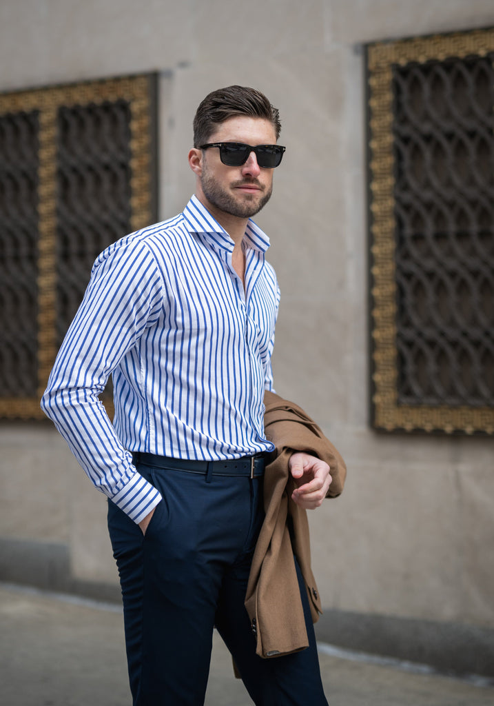 Navy Wide Stripes Soft Textured Pima Cotton Shirt - Cutaway Extreme Collar