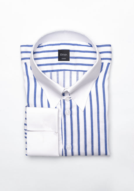Navy Wide Stripes Soft Textured Pima Cotton Shirt - White Tab Collar