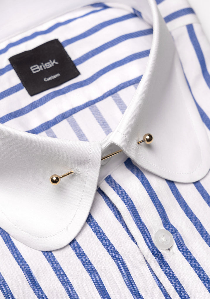 Navy Wide Stripes Soft Textured Pima Cotton Shirt - Club Pin Collar