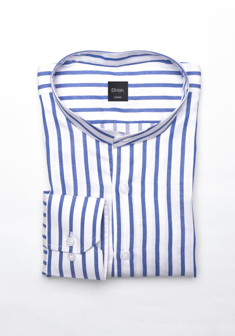 Navy Wide Stripes Soft Textured Pima Cotton - Band Collar
