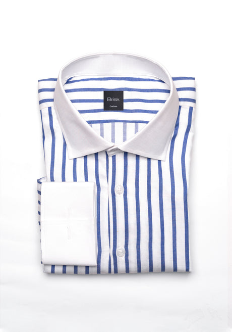 Navy Wide Stripes Soft Textured Pima Cotton - White Cutaway Classic Collar