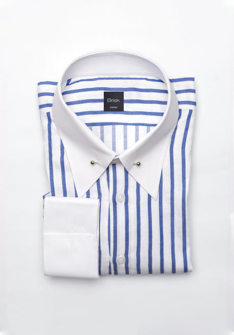 Navy Wide Stripes Soft Textured Pima Cotton Shirt - Classic Silver Pin Collar