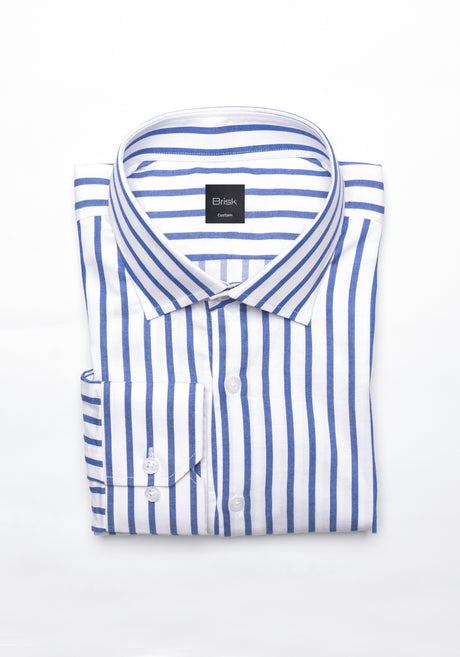 Navy Wide Stripes Soft Textured Pima Cotton Shirt - Cutaway Classic Collar
