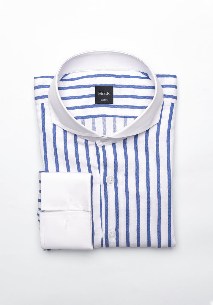 Navy Wide Stripes Soft Textured Pima Cotton Shirt - White Cutaway Extreme Collar