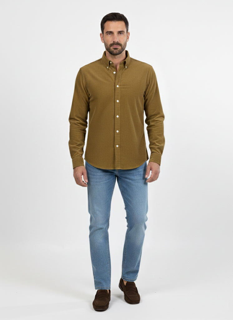 Olive Green Soft Corduroy Shirt - Button Down Collar
