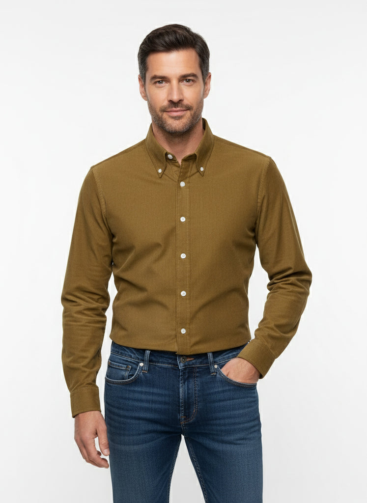 Olive Green Soft Corduroy Shirt - Button Down Collar