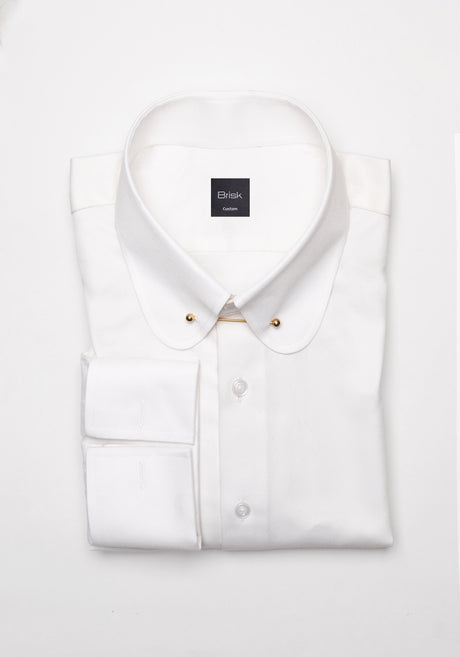 Pearl White Twill Pima Cotton Shirt - Club Collar With Golden Pin Collar
