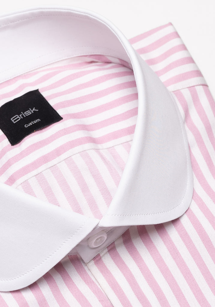 Pink Bengal Twill Stripes Pima Cotton Shirt - White Club Collar & French Cuffs