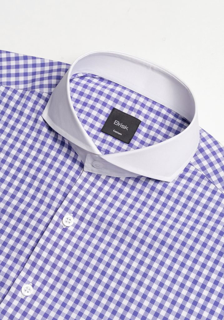Purple Gingham Crisp Pima Cotton Shirt - White Cutaway Extreme Collar