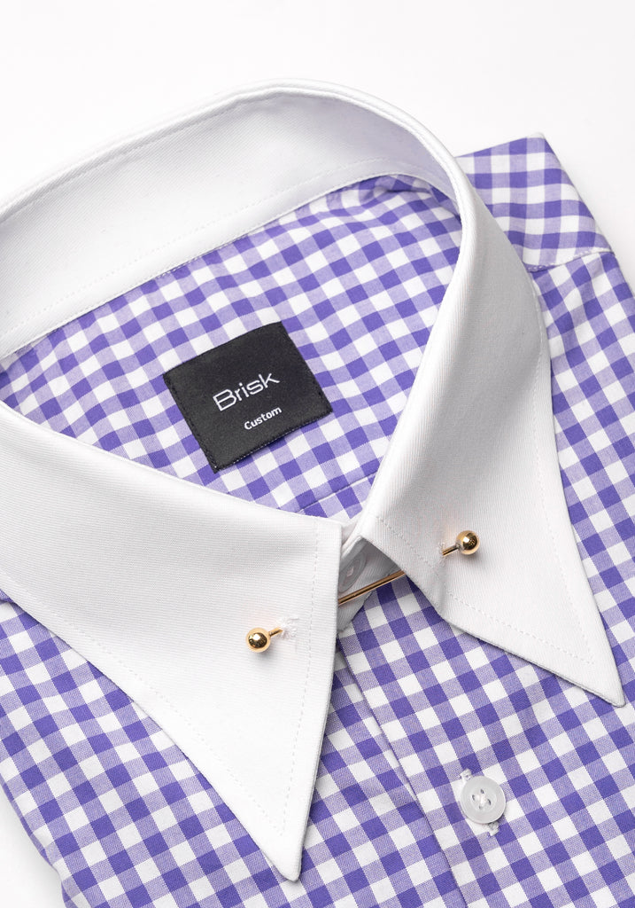 Purple Gingham Crisp Pima Cotton Shirt -- White Cassic Golden Pin Collar & French Cuffs
