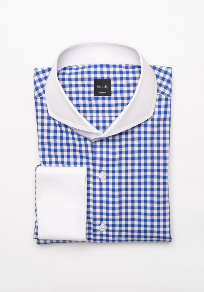 Royal Blue Gingham Crisp Pima Cotton Shirt - White Cutaway Extreme Collar