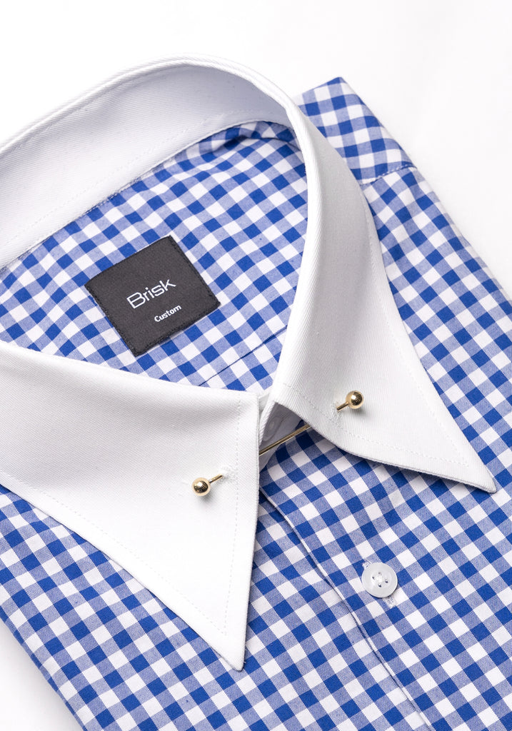 Royal Blue Gingham Crisp Pima Cotton Shirt --- White Classic Golden Pin Collar & French Cuff