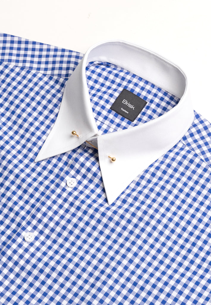 Royal Blue Gingham Crisp Pima Cotton Shirt -- White Classic Golden Pin Collar & French Cuff