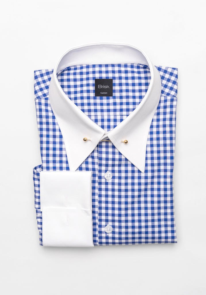 Royal Blue Gingham Crisp Pima Cotton Shirt - White Classic Golden Pin Collar & French Cuff