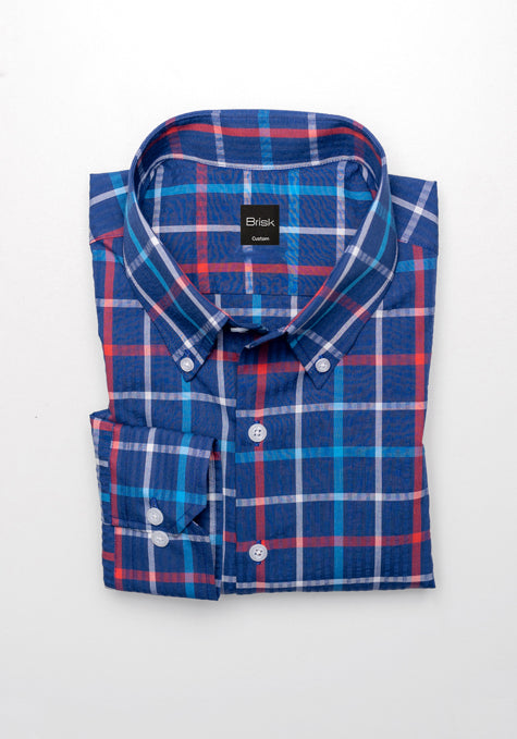 Multi Blue Checkered Seersucker Shirt - Button Down Collar