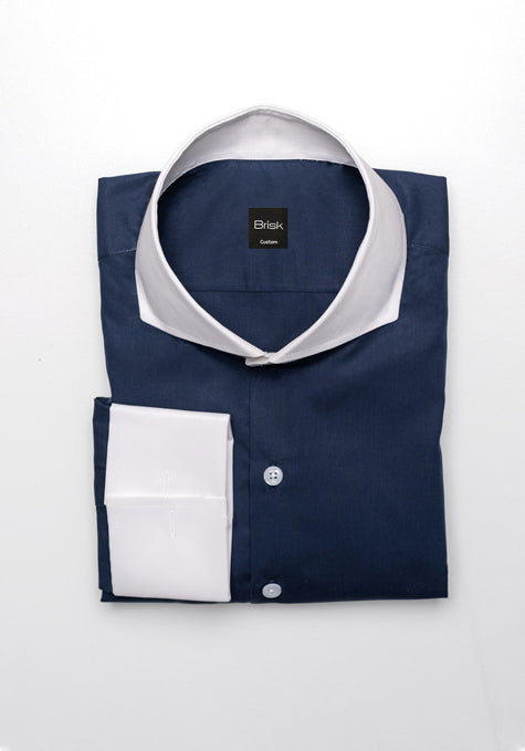 Navy Blue Egyptian Shirt - White Collar & French Cuffs Media 1 of 2
