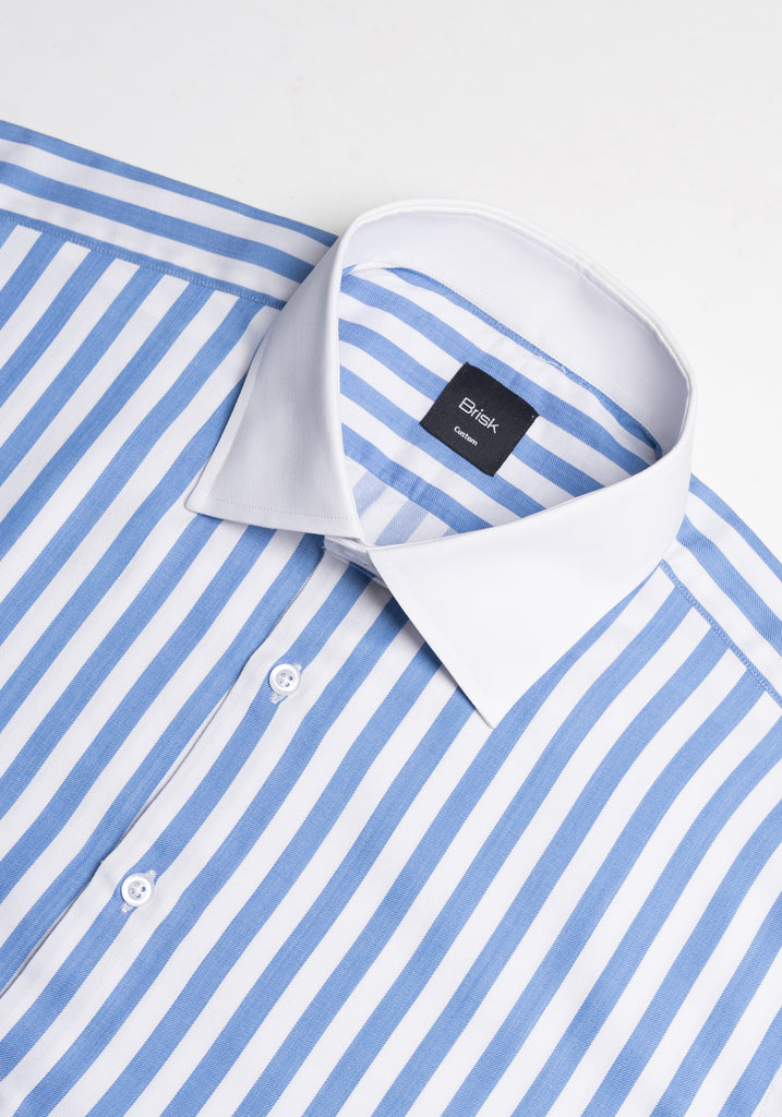 Sky Blue Twill Bold Stripes Pima Cotton Shirt - White High Cutaway Classic Collar