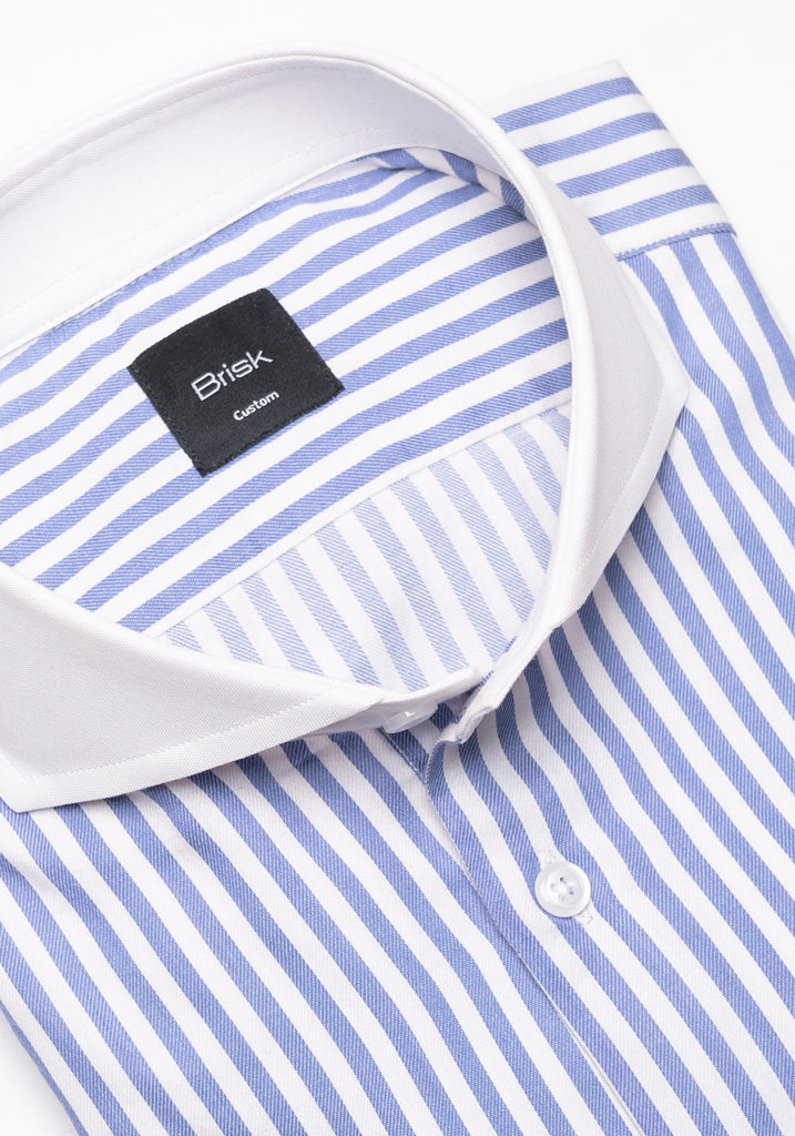 Sky Blue Bengal Twill Stripes Pima Cotton Shirt - White Cutaway Extreme Collar