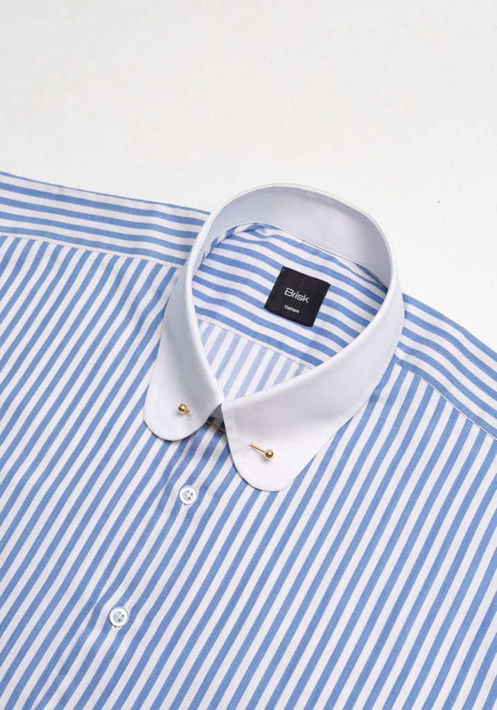 Sky Blue Bengal Twill Stripes Pima Cotton Shirt - White Club Golden Pin Collar & French Cuffs