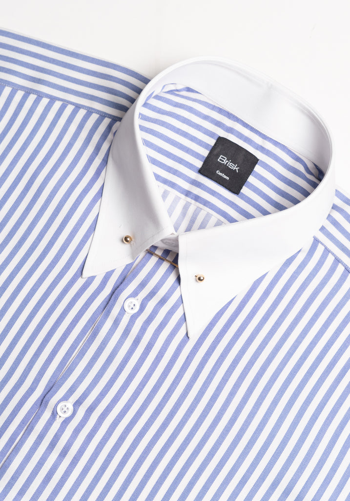 Sky Blue Bengal Twill Stripes Pima Cotton Shirt --- White Classic Golden Pin Collar & French Cuff
