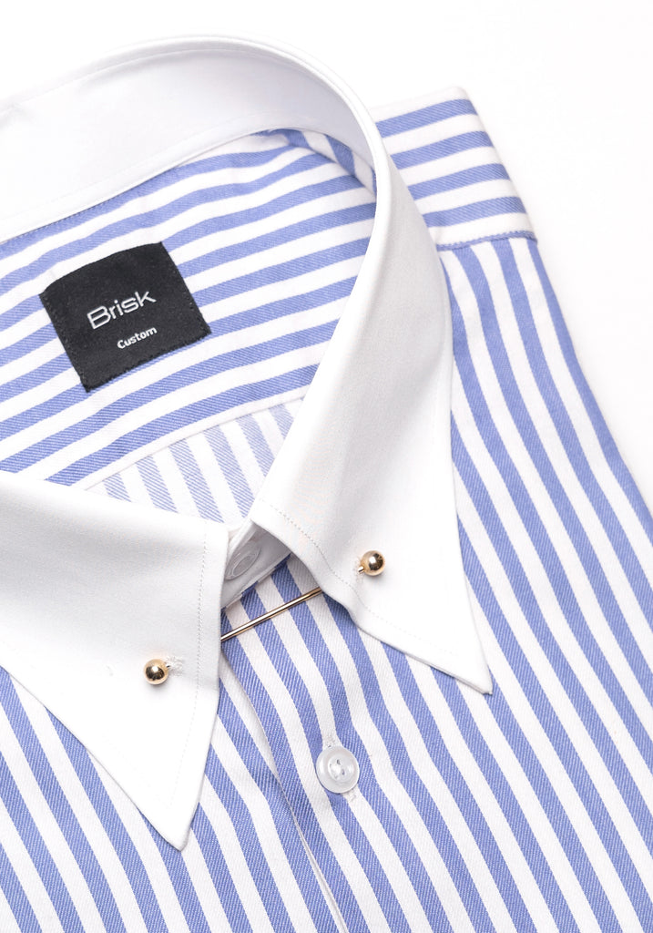 Sky Blue Bengal Twill Stripes Pima Cotton Shirt -- White Classic Golden Pin Collar & French Cuff