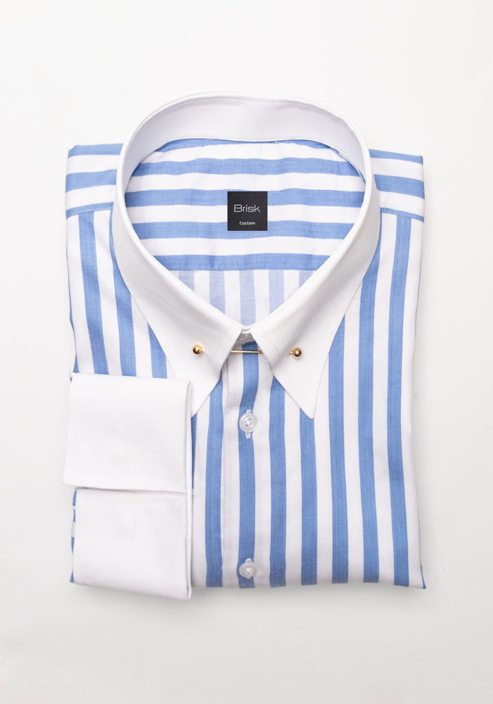 Sky Blue Bold Twill Stripes Pima Cotton Shirt - White Classic Golden Pin Collar & French Cuffs