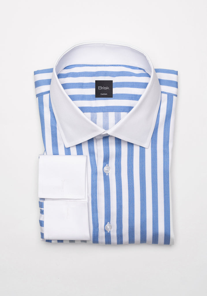 Sky Blue Twill Bold Stripes Pima Cotton Shirt - White High Cutaway Classic Collar