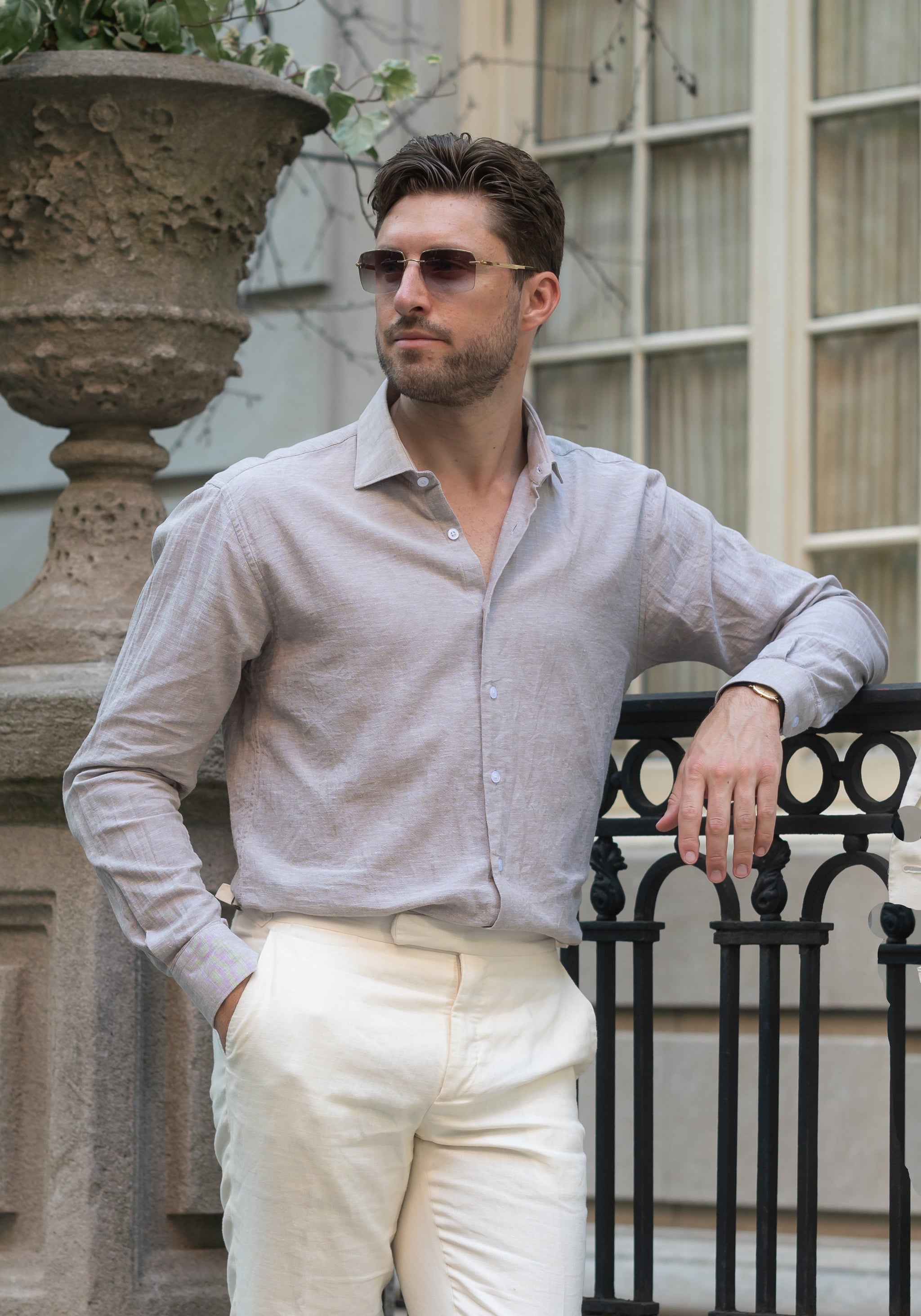 Tan Cotton-Linen Shirt - Cutaway Classic Collar 20 / Slim Tan Cotton-Linen Shirt - Cutaway Classic Collar 20 / Slim