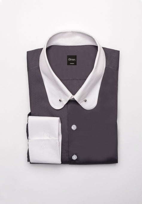 Egyptian Grey Light Weight 80's Poplin Shirt - White Club Pin Collar