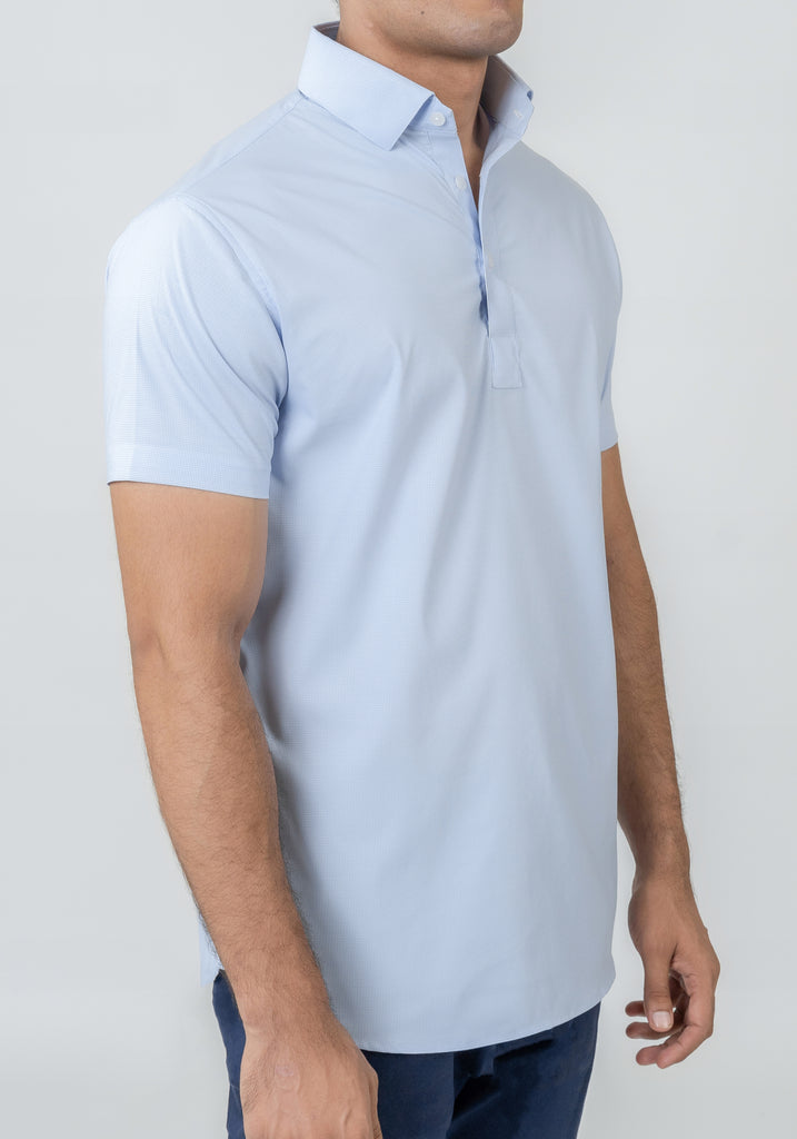 Wrinkle-Free Ice Blue Mini Checkered Performance Stretch Polo Shirt

