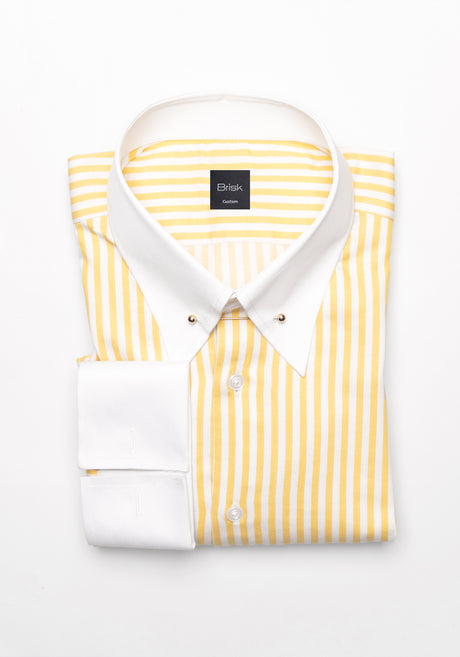 Yellow Bengal Twill Stripes Pima Cotton Shirt - White Classic Golden Pin Collar & French Cuffs
