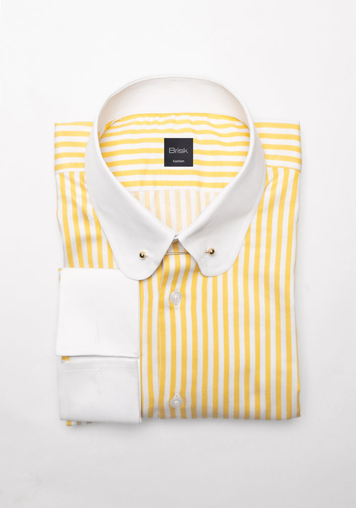 Yellow Bengal Twill Stripes Pima Cotton Shirt - White Club Golden Pin Collar & French Cuffs
