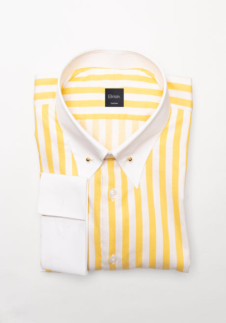 Yellow Bold Twill Stripes Pima Cotton Shirt - White Classic Golden Pin Collar & French Cuffs