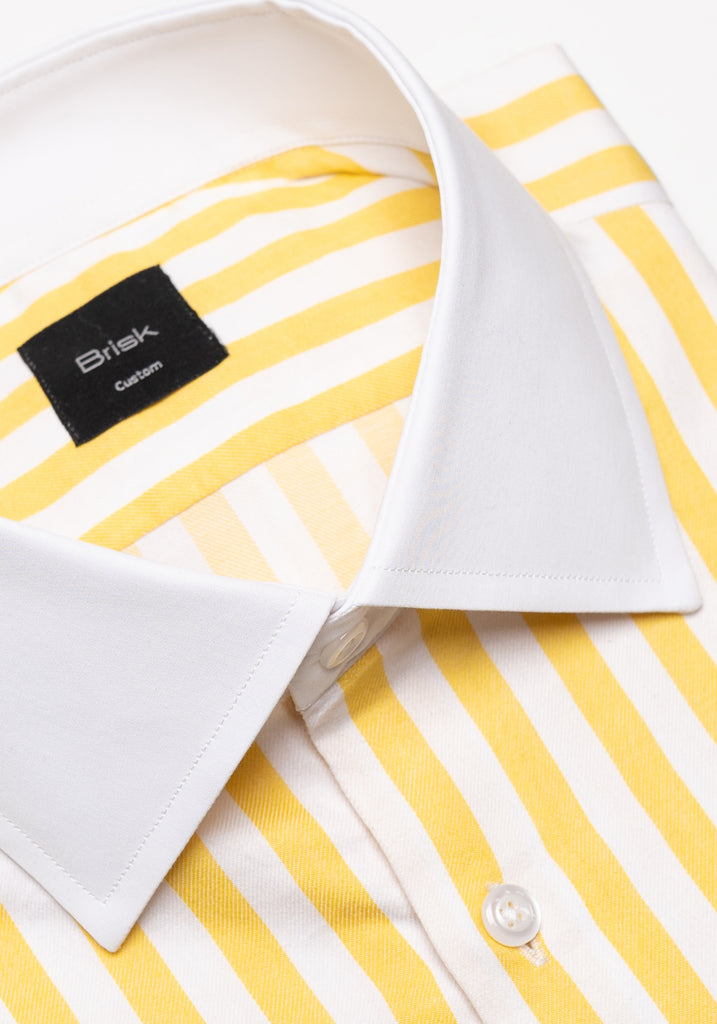 Yellow Twill Bold Stripes Pima Cotton Shirt - White High Cutaway Classic Collar