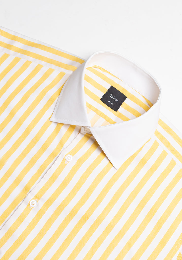 Yellow Twill Bold Stripes Pima Cotton Shirt - White High Cutaway Classic Collar