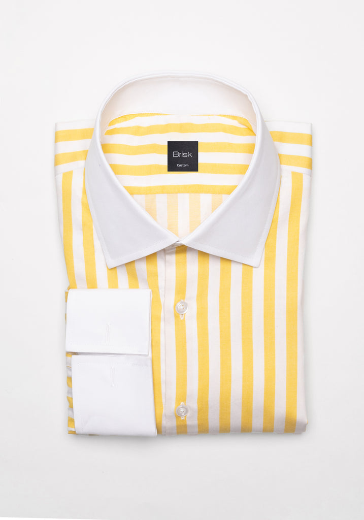 Yellow Twill Bold Stripes Pima Cotton Shirt - White High Cutaway Classic Collar