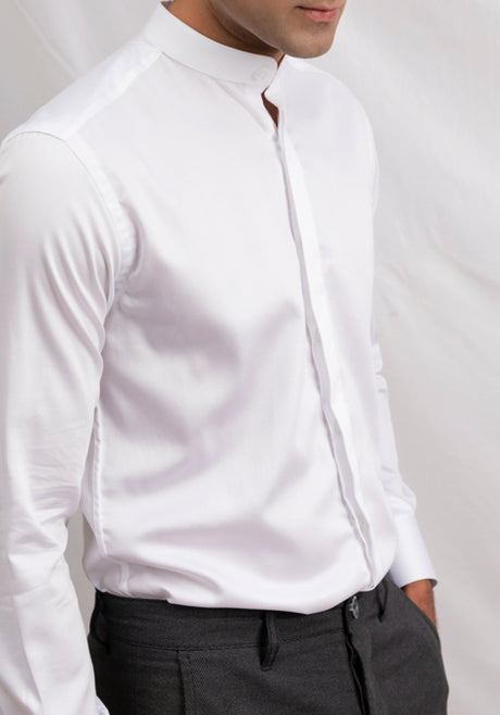 White 60's Poplin Band Collar Shirt 19.5 / Slim